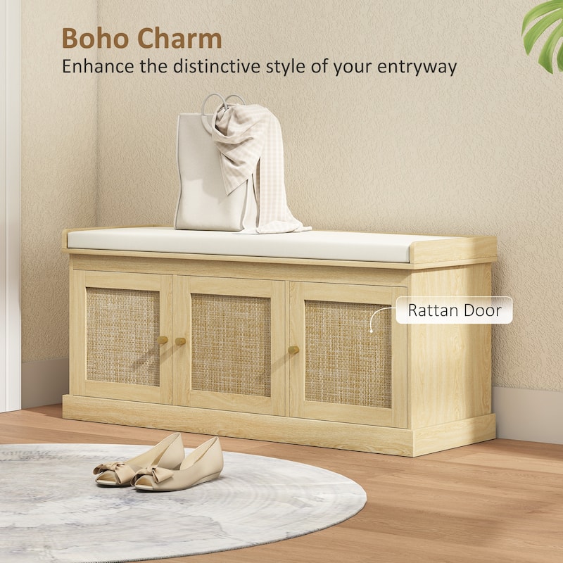 HOMCOM Shoe Bench with Woven Rattan Doors, Shoe Storage Bench with Cushion, Adjustable Shelves, Boho Style Entryway Bench