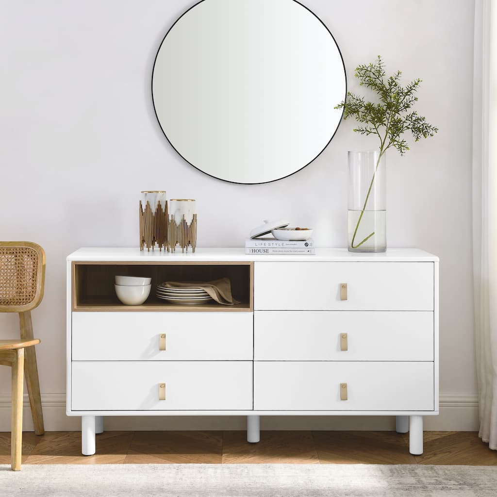Modern 5 Drawer 55.12 in. Dresser Wood Storage Cabinet with Leather Handle, Open Shelf Drawer Cabinet