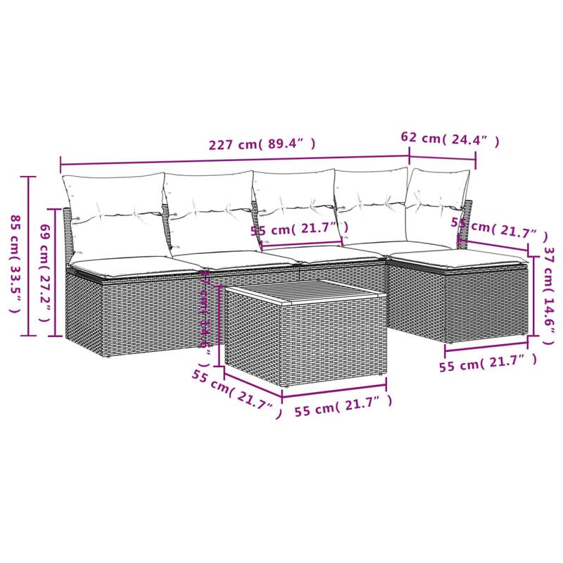 vidaXL Patio Sofa Set with Cushions Outdoor Furniture 6 Piece Poly Rattan - 21.7 x 21.7 x 14.6