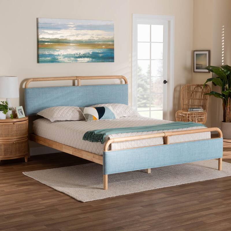 Mateo Modern and Contemporary Baby Blue Fabric and Natural Wood Queen Size Platform Bed