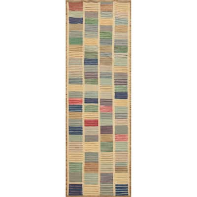 Hand Woven Oriental 100% Wool Carpet Southwestern Modern Multi-Colored Kilim Runner Rug - 10' 2'' X 2' 10''