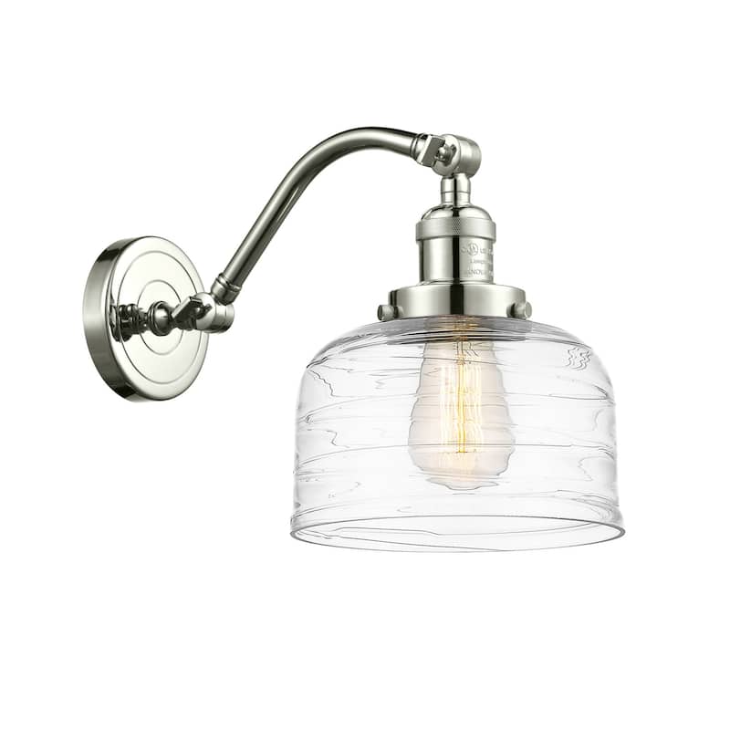 Innovations Lighting 515-1W-12-8 Bell Sconce Bell 12" Tall Wall Sconce - Polished Nickel / Clear Deco Swirl