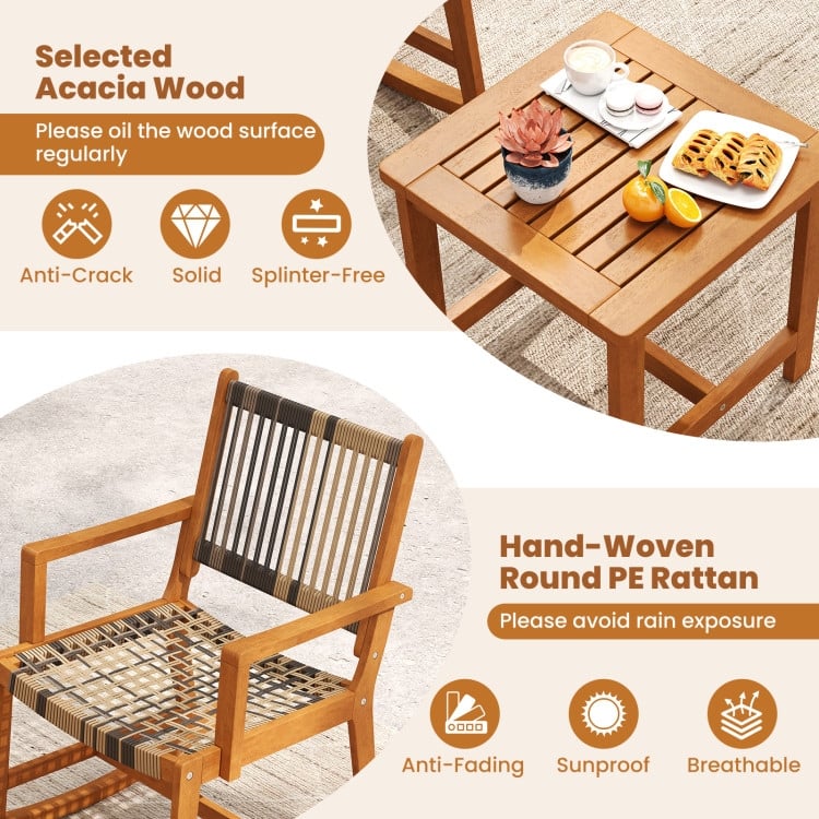 3 Piece Brown and Grey Rattan Wood Rocking Chair Set with Side Table Outdoor - Chair: 33" x 24" x 35.5"