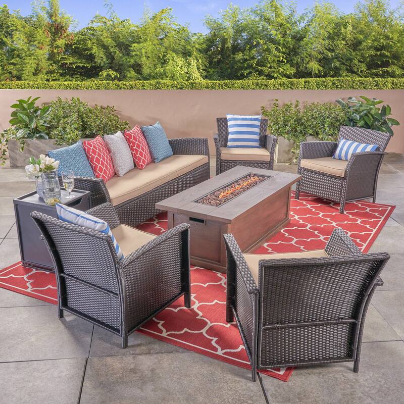 St. Lucia Outdoor 7 Seater Wicker Chat Set with Fire Pit by Christopher Knight Home - brown+tan cushion