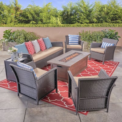 St. Lucia Outdoor 7 Seater Wicker Chat Set with Fire Pit by Christopher Knight Home