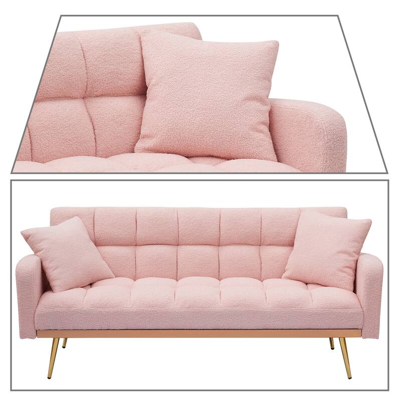 Classic Teddy Fabric Upholstered Convertible Futo Sofa Bed with 2 Throw Pillows