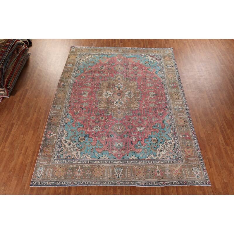 Pink Tabriz Persian Vintage Area Rug Handmade Wool Carpet - 9'11" x 13'4"