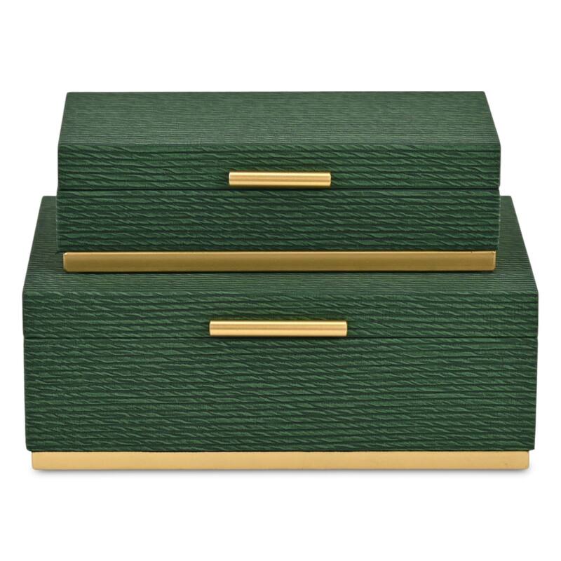 Eira Set of 2 Rectangular Decorative Storage Boxes - Retro Stripe Pattern with Gold Hardware