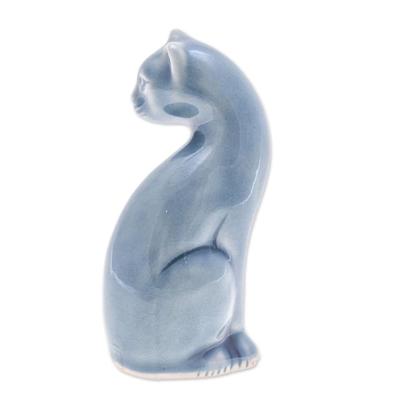 Novica Handmade Beautiful Cat In Blue Celadon Ceramic Figurine