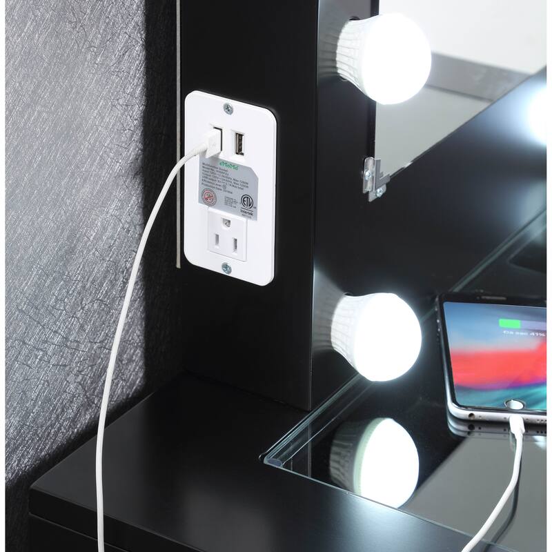 Makeup Vanity and Stool Set with 10 Lights and USB Port and Power Outlet