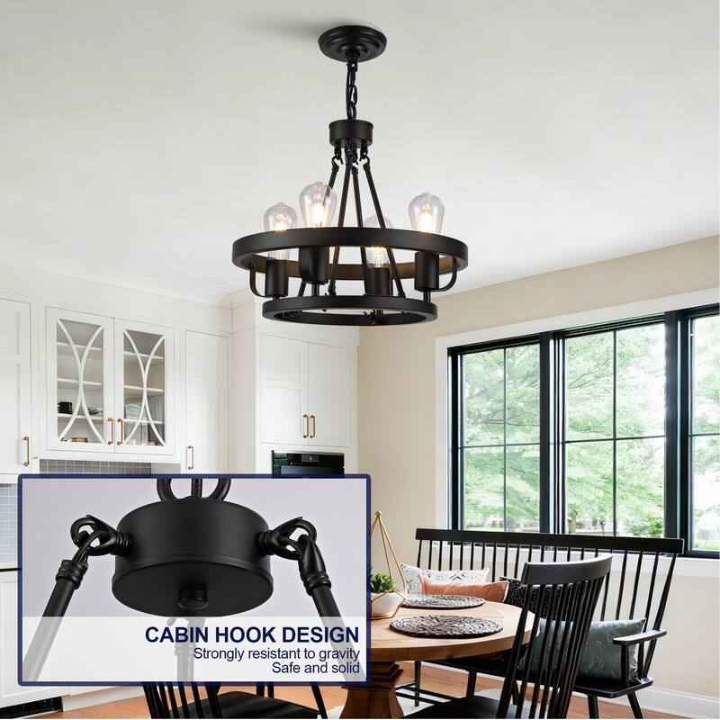 Four-Light Plug-In Pendant Lamp, Carriage Wheel Design, Circular Metal Pendant With 39.5-Foot Chain, For Bedrooms Dining Rooms