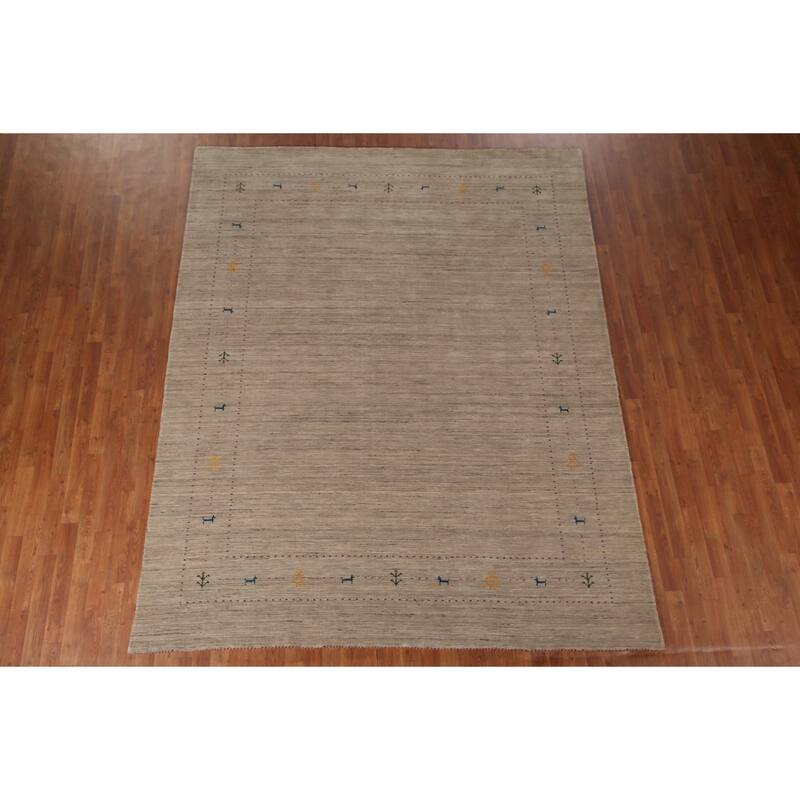 Tribal Gabbeh Indian Rug Hand-Knotted Oriental Beige Wool Carpet - 7'11"x 9'9"