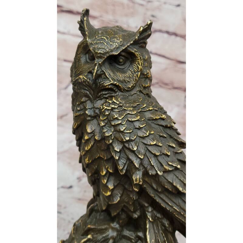 Realistic Owl Bronze Sculpture On Black Marble Base