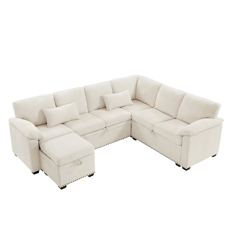 Corner Sectional Sofa with Pull Out Chaise Lounge and Pillow Top Arms, Chenille Sleeper Couch with Storage Seat and Ottoman