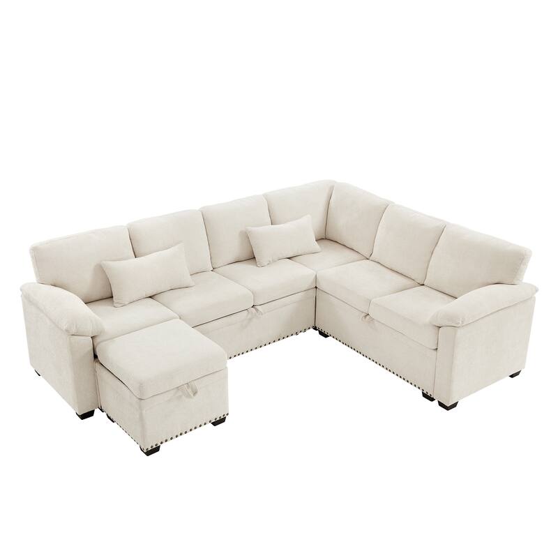 L-Shaped Chenille Sectional Sofa with Pull-Out Bed, Upholstered Convertible 7-Seater Sofa with Storage Ottoman & 2 Pillows