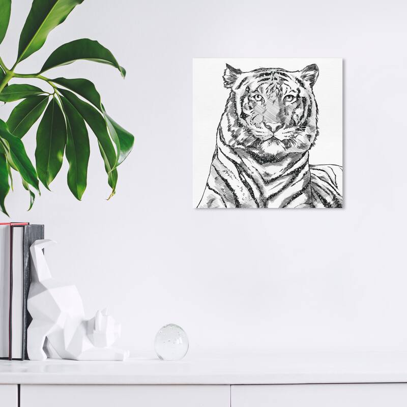 Wynwood Studio Canvas Animals Glitter Stripes Tiger Black White and Silver Modern & Contemporary Wall Art Canvas Print - 12 x 12