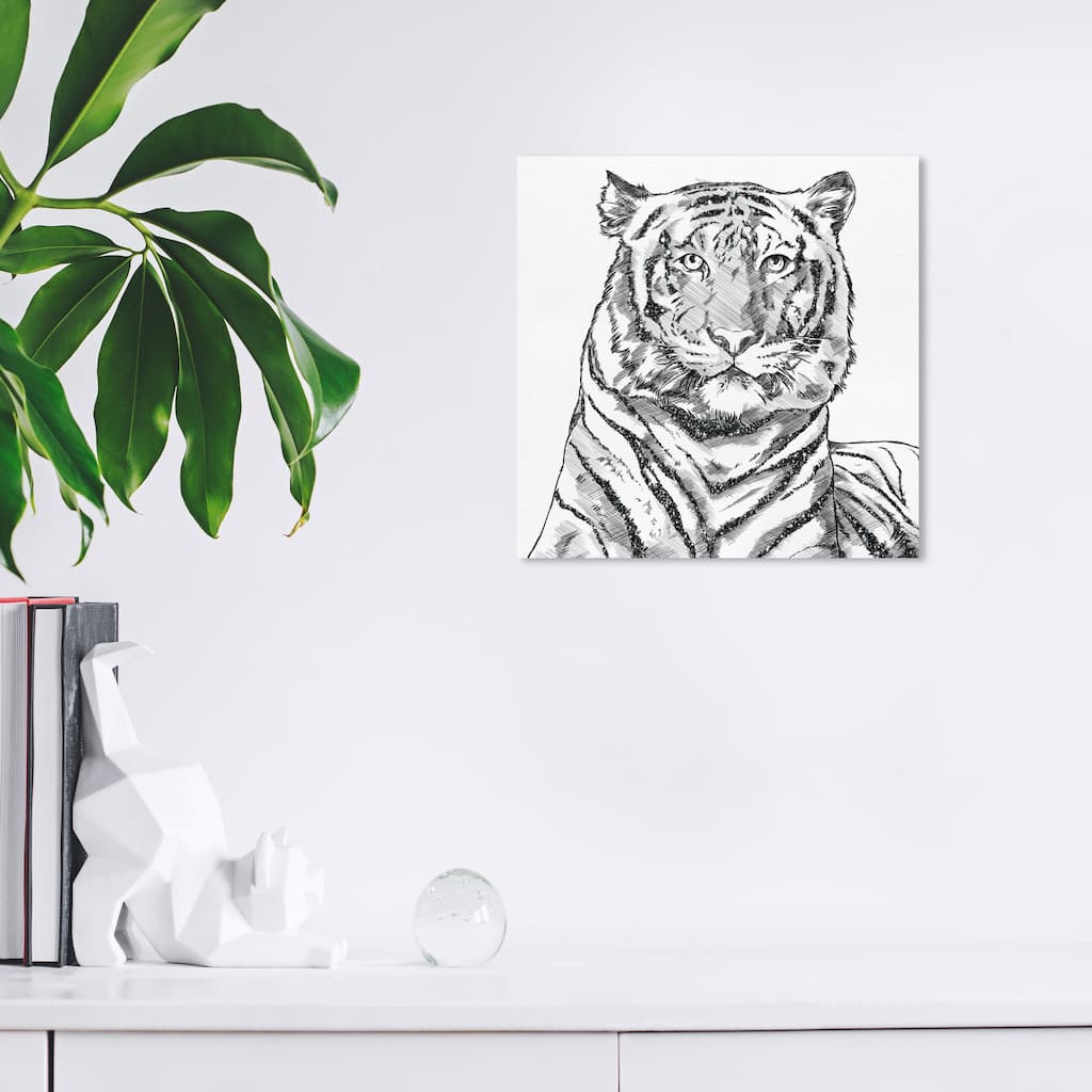 Wynwood Studio Canvas Animals Glitter Stripes Tiger Black White and Silver Modern & Contemporary Wall Art Canvas Print