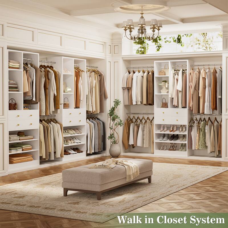 Closet Organizer with 5 Hanging Rods and 2 Drawers, Adjustable Closet System with Shelves and Shoe Rack