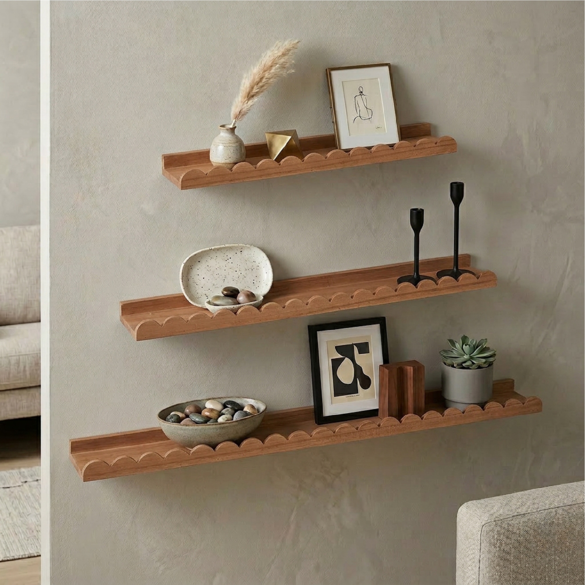 American Art Decor Scallop Floating Wall Shelf Set of 3, Wood Picture Ledge Shelves with Lip, Decorative Shabby Chic Shelves