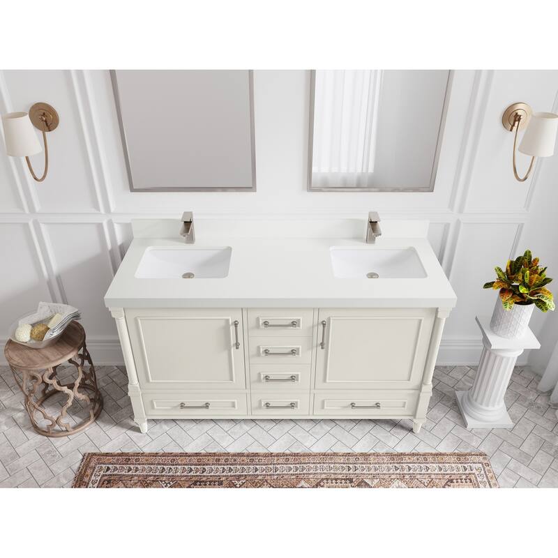 Willow Collections 60 in. W x 22 in. D Aberdeen Double Sink Bathroom Vanity with Countertop - 2" White Quartz - Ivory