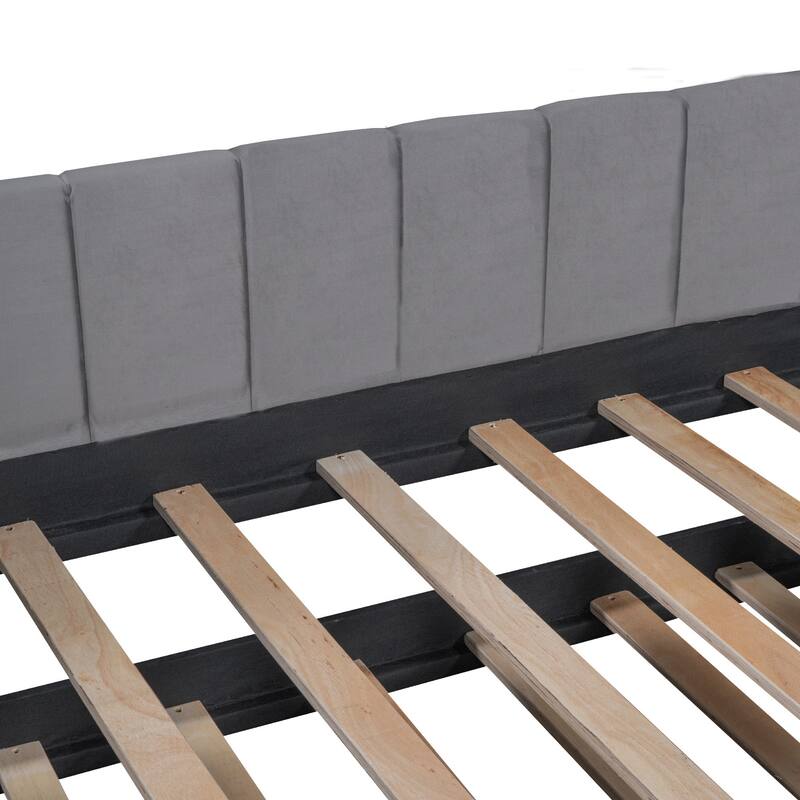 Twin Size Daybed Velvet Upholstered Sofa Bed with Trundle, Wood Platform Slat Support Bed Frame, Striped Tufted Backrest