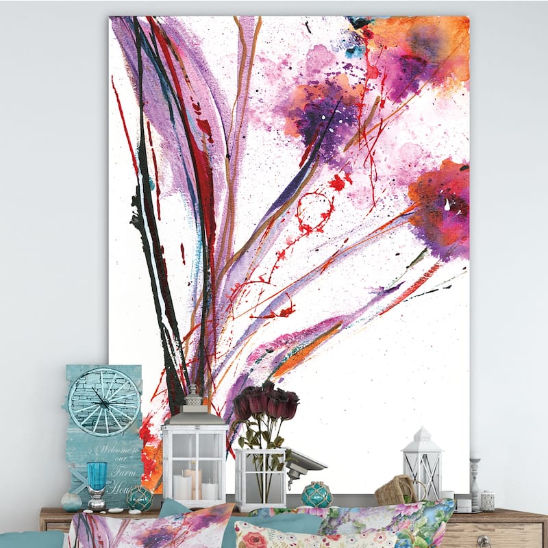 Designart "Abstract Purple Flowers" Traditional Canvas Artwork Print - Multi-color