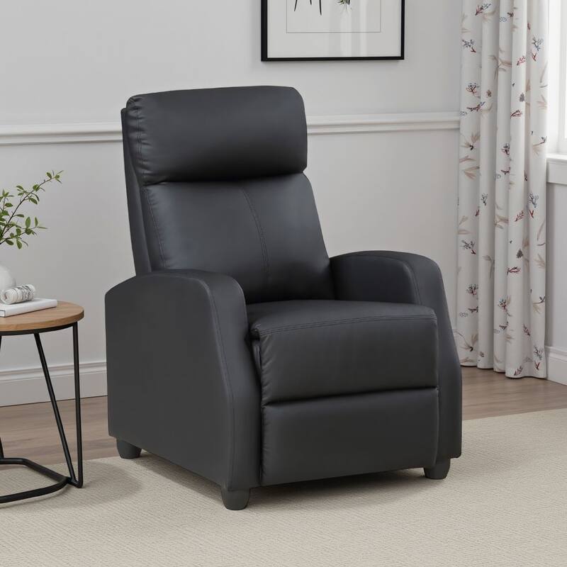 Recliner Chair, Manual Push Back, Black Faux Leather, 27 Inch