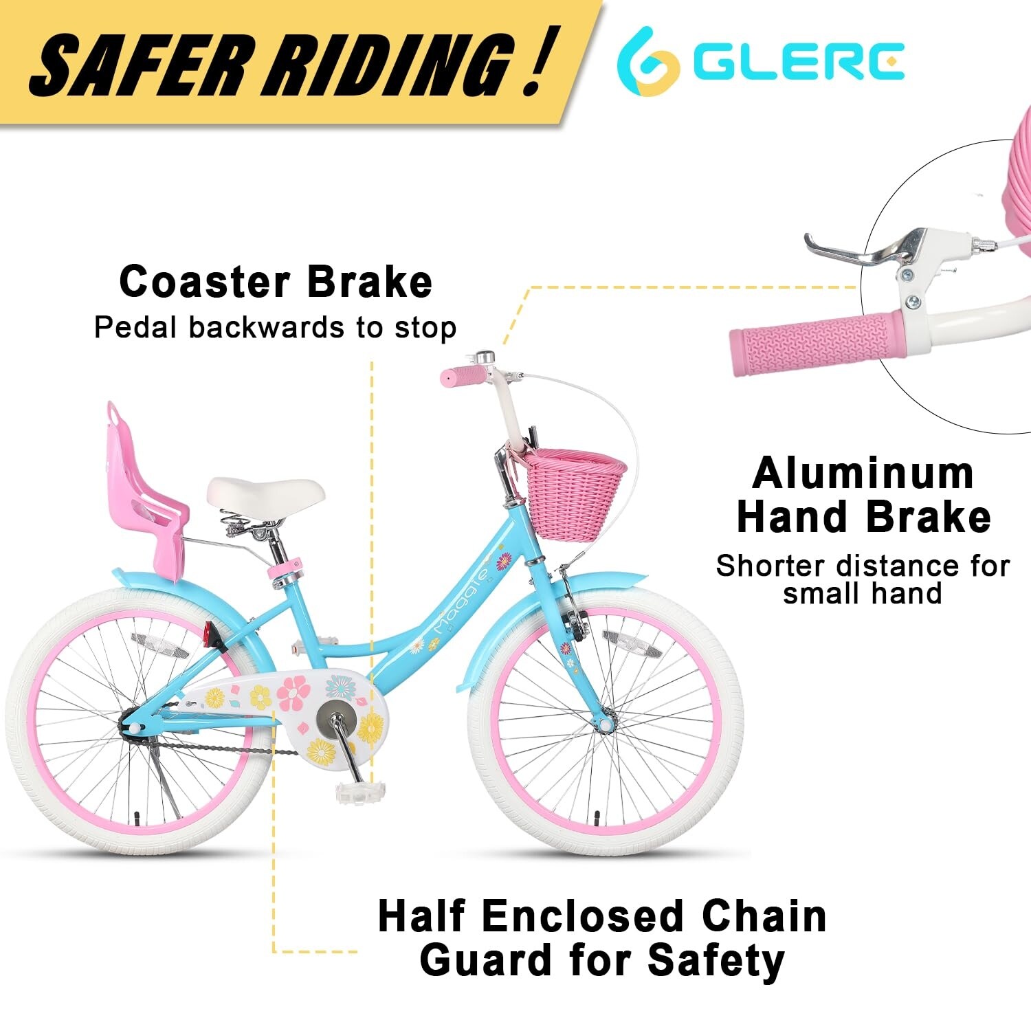 20 Inch Bike Ages for 1 13 Year Old Girls Princess Style with Doll Seat Basket Kickstand for Gift Blue
