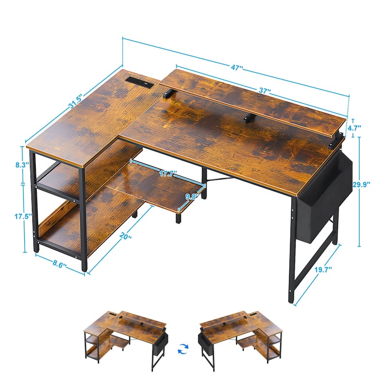 GDF Studio - Beaumont Modern Industrial Reversible L-Shape Computer Desk with Power Outlets