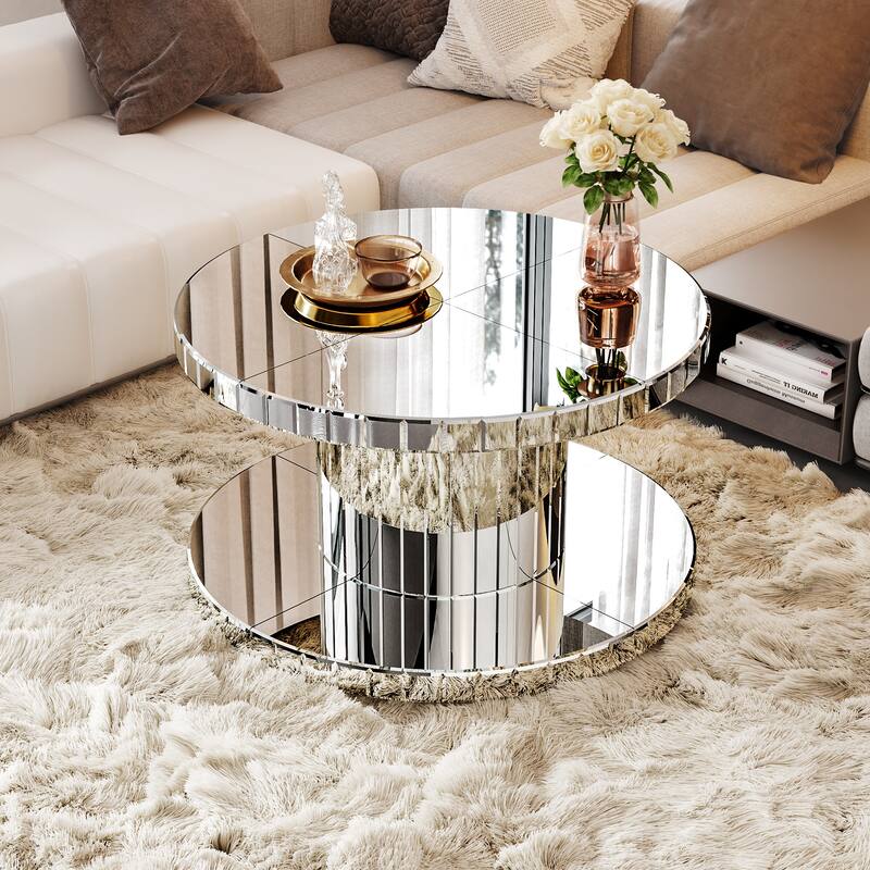 Roomfitters 31.5" Round Mirrored Coffee Table, 2 Tier Fluted Glass Center Table for Living Room, Silver