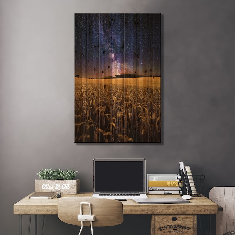 Fields Of Gold - The Milky Way Over A Field Of Wheat Print On Wood by Chad Powell - Multi-Color