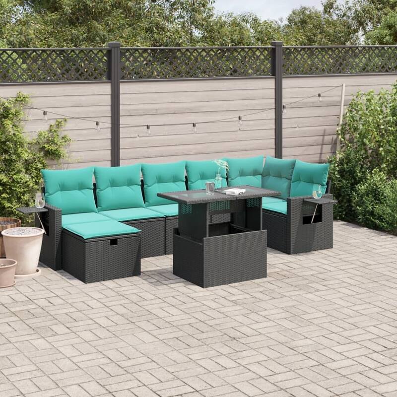vidaXL Patio Sofa Set with Cushions and Table Outdoor Garden 8 Piece Poly Rattan - 24.4" x 24.4" x 27.2" - Black without storage