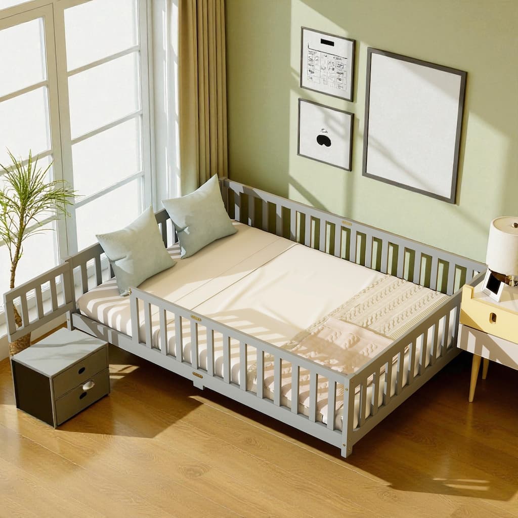 Full Size Rubber Wood Floor Bed with Fence and Door, Montessori Platform Bed with Safety Guardrails for Kids