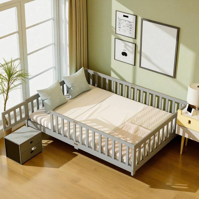 Full Size Rubber Wood Floor Bed with Fence and Door, Montessori Platform Bed with Safety Guardrails for Kids