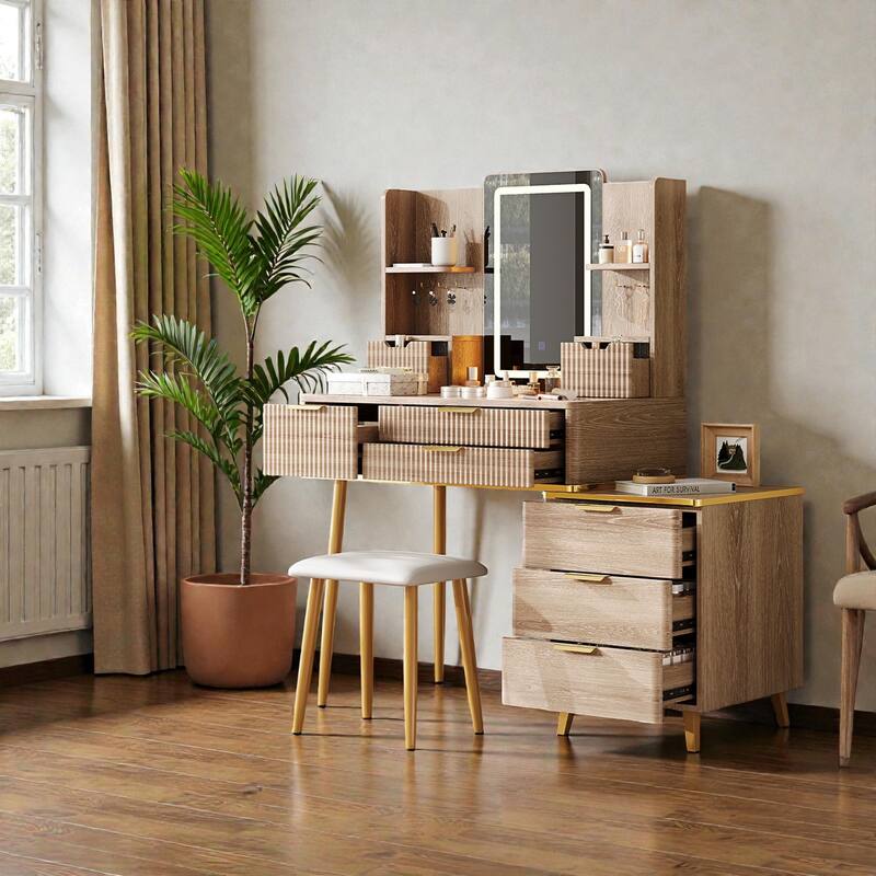 Fluted 7-Drawer Vanity Desk with LED Lighted Mirror, Jewelry Storage, Metal Legs & PU Stool for Bedroom Makeup