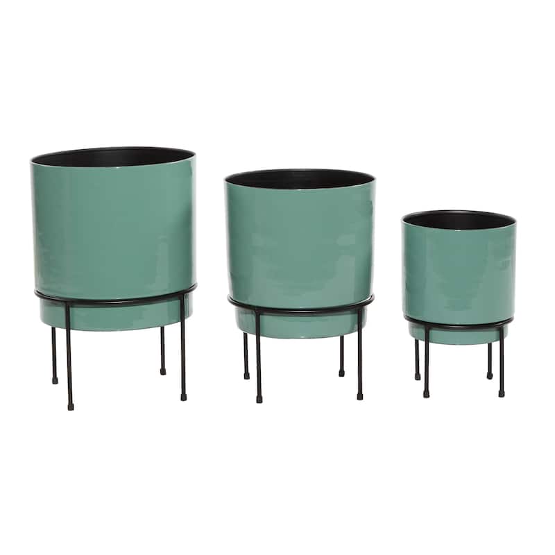 Metal Indoor Outdoor Planter with Removable Black Stand - Set of 3 Gray or Teal - Roche River Decor
