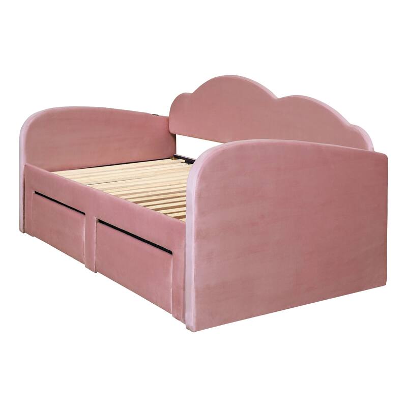 Twin Upholstered Daybed with Cloud Backrest, Trundle, 2 Drawers, and USB Ports, Converts to King Size