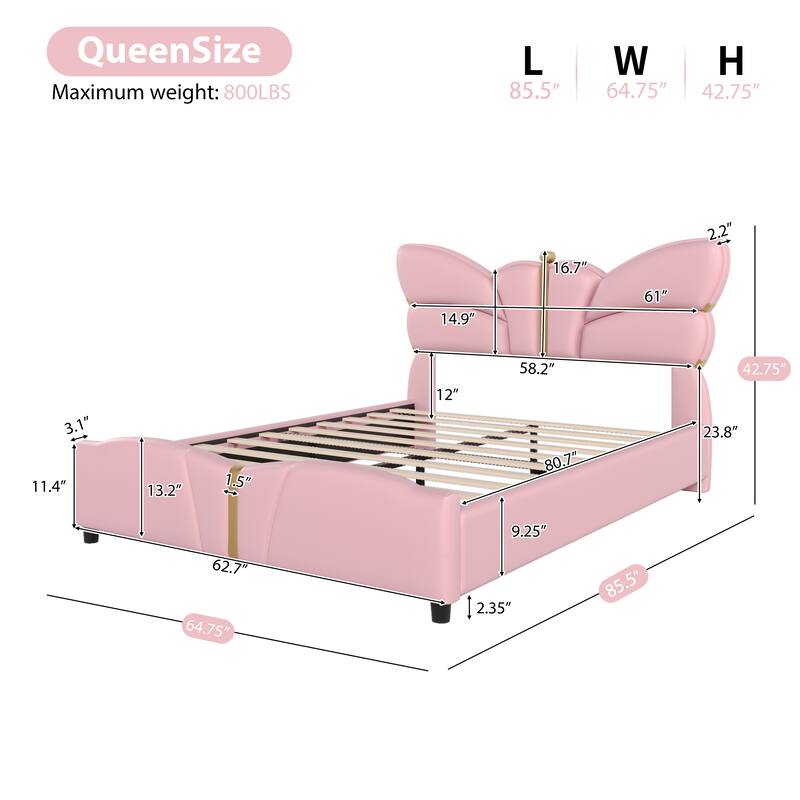 Butterfly Shaped Queen Size PU Leather Bed Frame with Gold Decorations, No Box Spring Needed, Light Pink