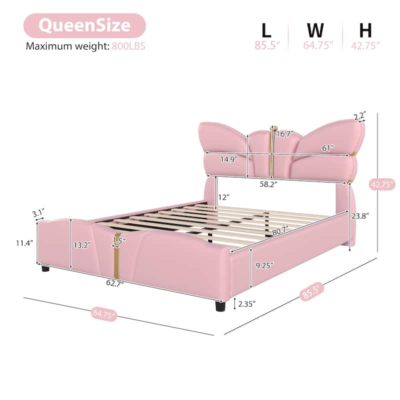 Roomfitters Queen Size Upholstered Platform Bed Frame with Butterfly Headboard, Faux Leather, Gold Accent Trim