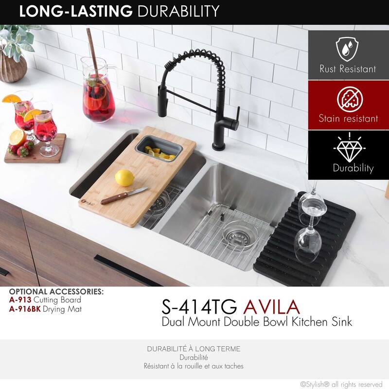 STYLISH 29 inch L x 18 inches W Double Bowl Undermount and Drop-in Stainless Steel Kitchen Sink - 29" x 18" x 8"