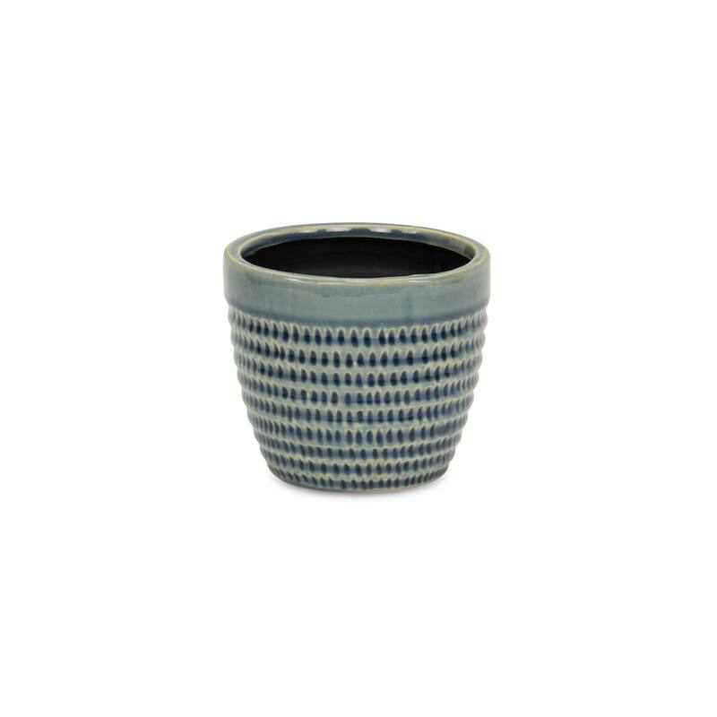 HomeRoots Blue Ceramic 22 Ounce Dotted Round Distressed Pot Planter - 5.25 in. x 4.25 in. x 5.25 in.