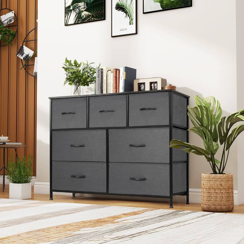 Dresser for Bedroom with 7 Drawers, Anti-Tip Wide Fabric Chests Storage Organizer Tower Furniture, TV Stand for TV up to 45 inch - Grey