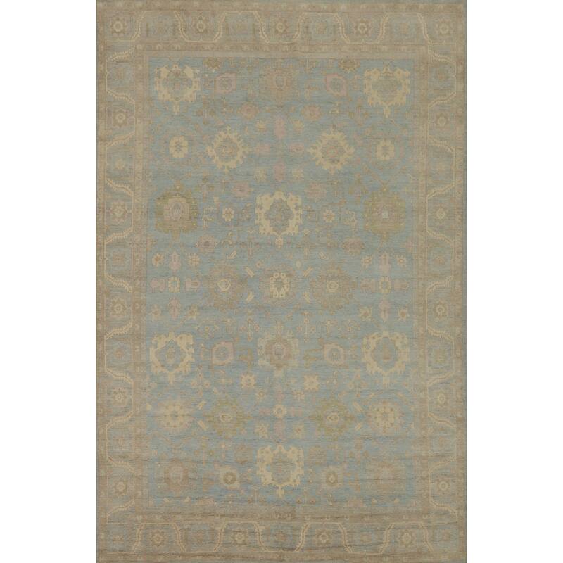Floral Blue Oushak Vegetable Dye Large Rug, Floral Geometric Carpet - 13' 10'' X 10' 1''