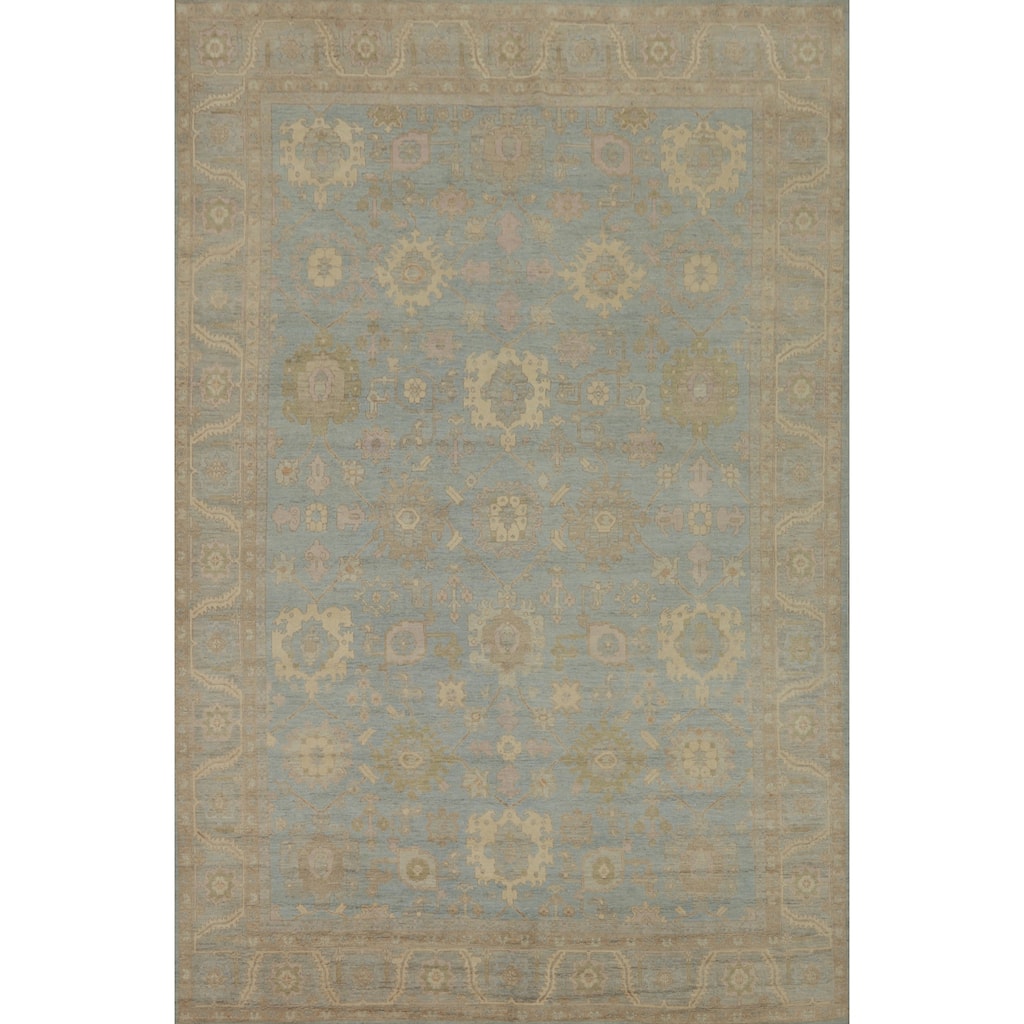 Floral Blue Oushak Vegetable Dye Large Rug, Floral Geometric Carpet - 13' 10'' X 10' 1''