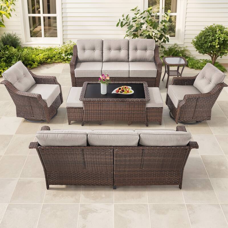 Gymojoy 9-Piece Wicker Patio Furniture Set, 6-inch Thick Cushioned & UV-Resistant, Outdoor Sofa & Chiar Set for Garden - Brown Wicker / Beige Cusion - 7-Piece
