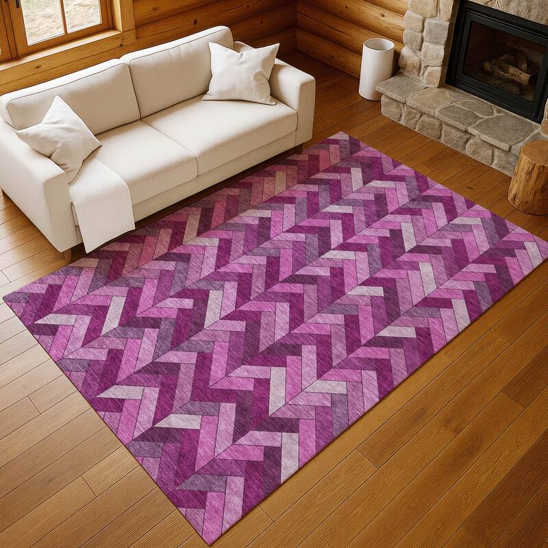 Machine Washable Indoor/ Outdoor Modern Chevron Chantille Rug