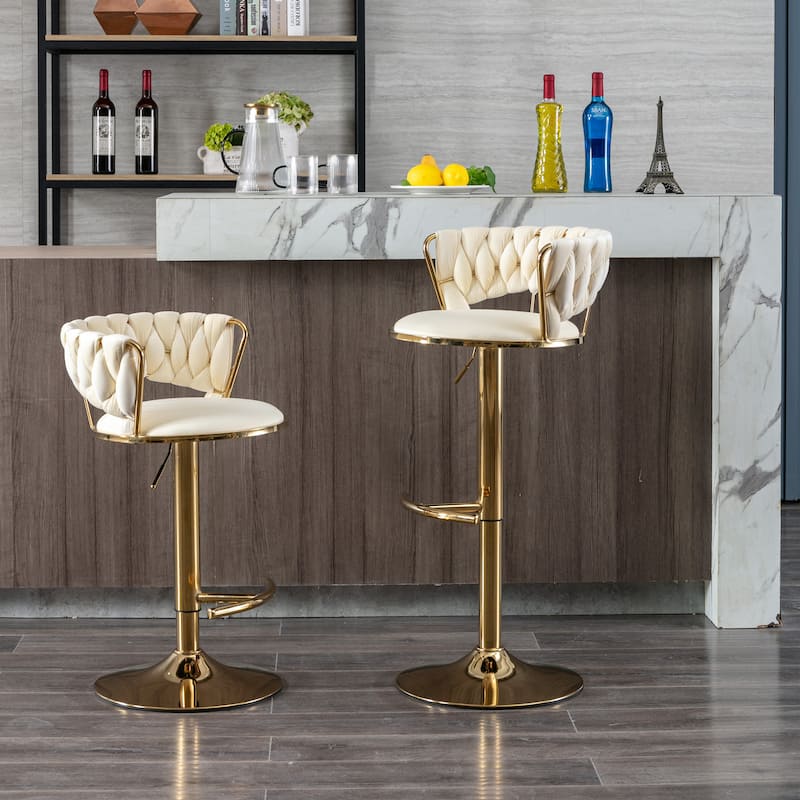 Set of 2 Adjustable Swivel Bar Stools, Cream Velvet with Chrome Footrest & Gold Legs