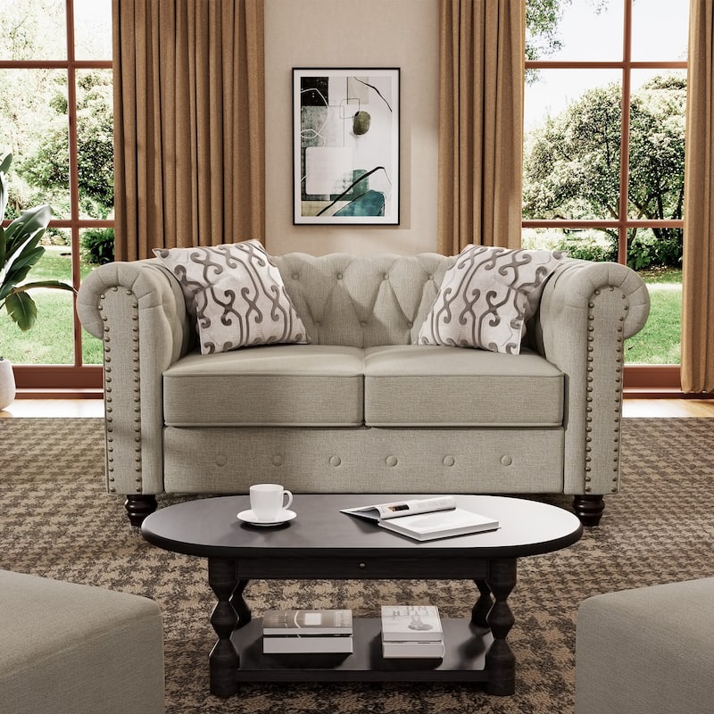 Morden Fort Tufted Upholstered Chesterfield set Loveseat, Sofa 2 PCS for Living Room, Fabric, Linen