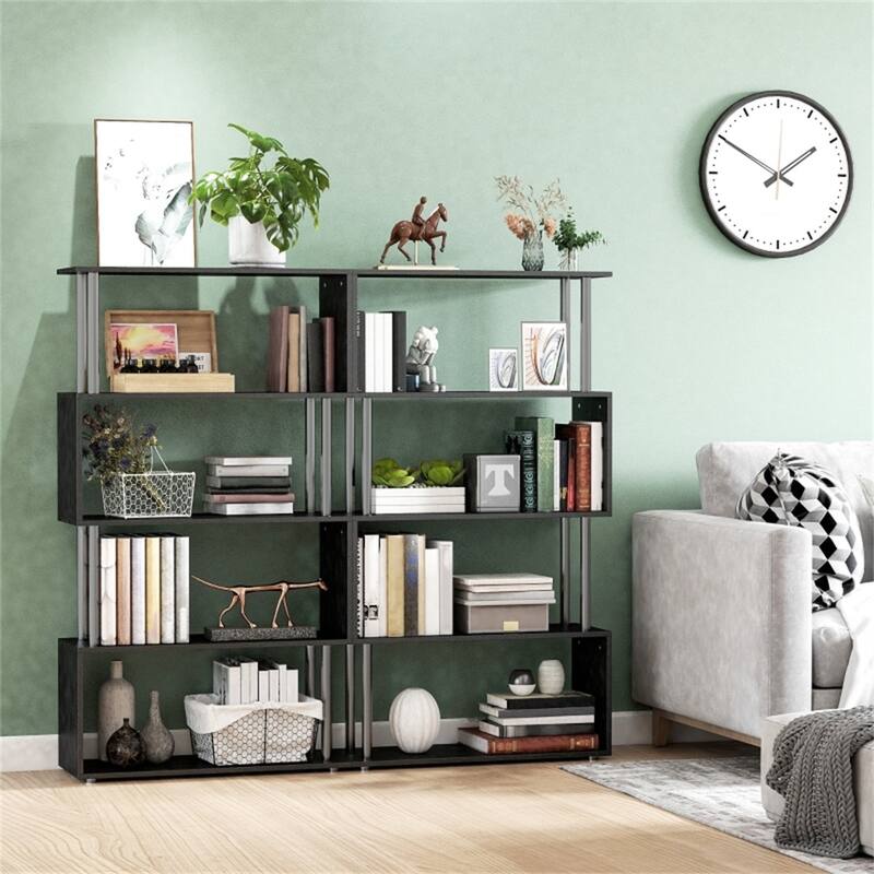 5 Tier Black Modern Design S-Shaped Bookcase Shelf Unit for Living Room Bedroom Office Decor - 31.5'L x 12" W x 57.25" H