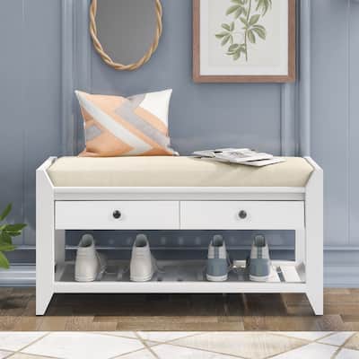 Contemporary Cushioned Shoe Rack with 2 Drawers and Open Shelf